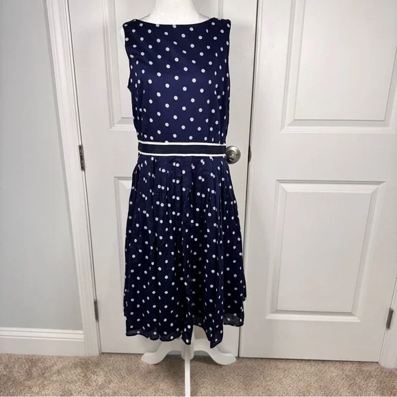 Talbots Navy White Polka Dot Fit Flare Work Dress Cotton Lined Size 14 Classic - Picture 1 of 9